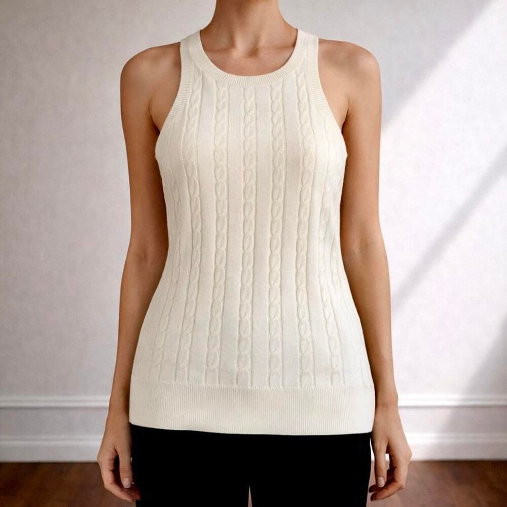 Vintage Banana Republic 100% Merino Wool Cream Cable Knit Halter Tank Top SIze L